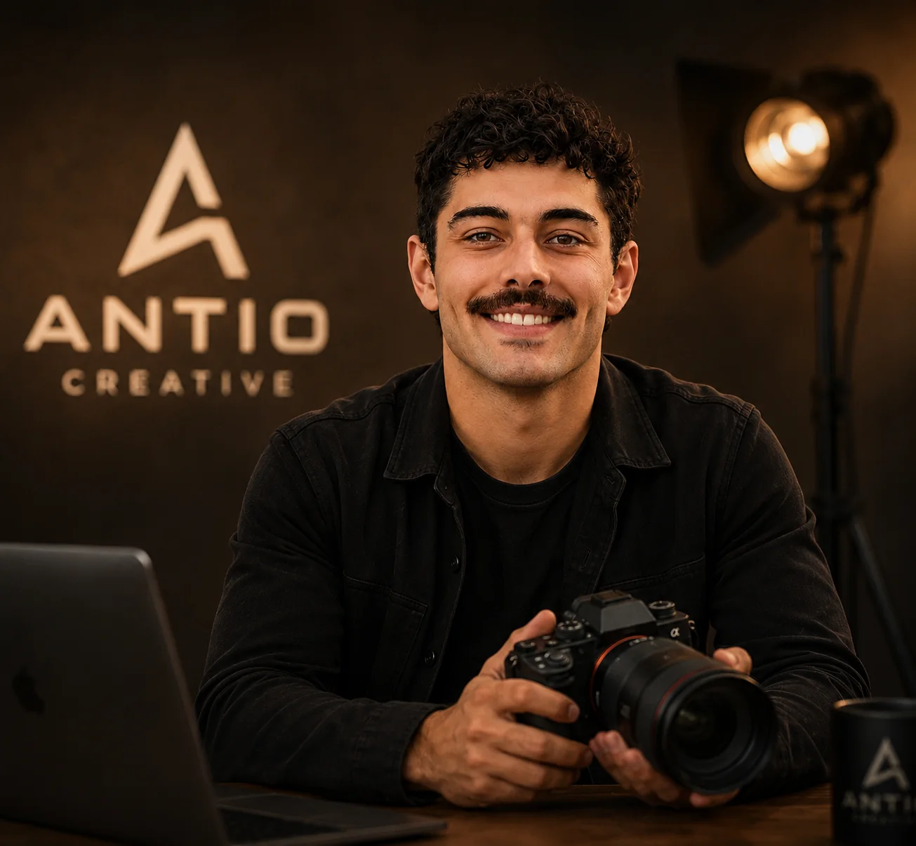Zachary Antaya, founder of Antio Creative, holding a camera